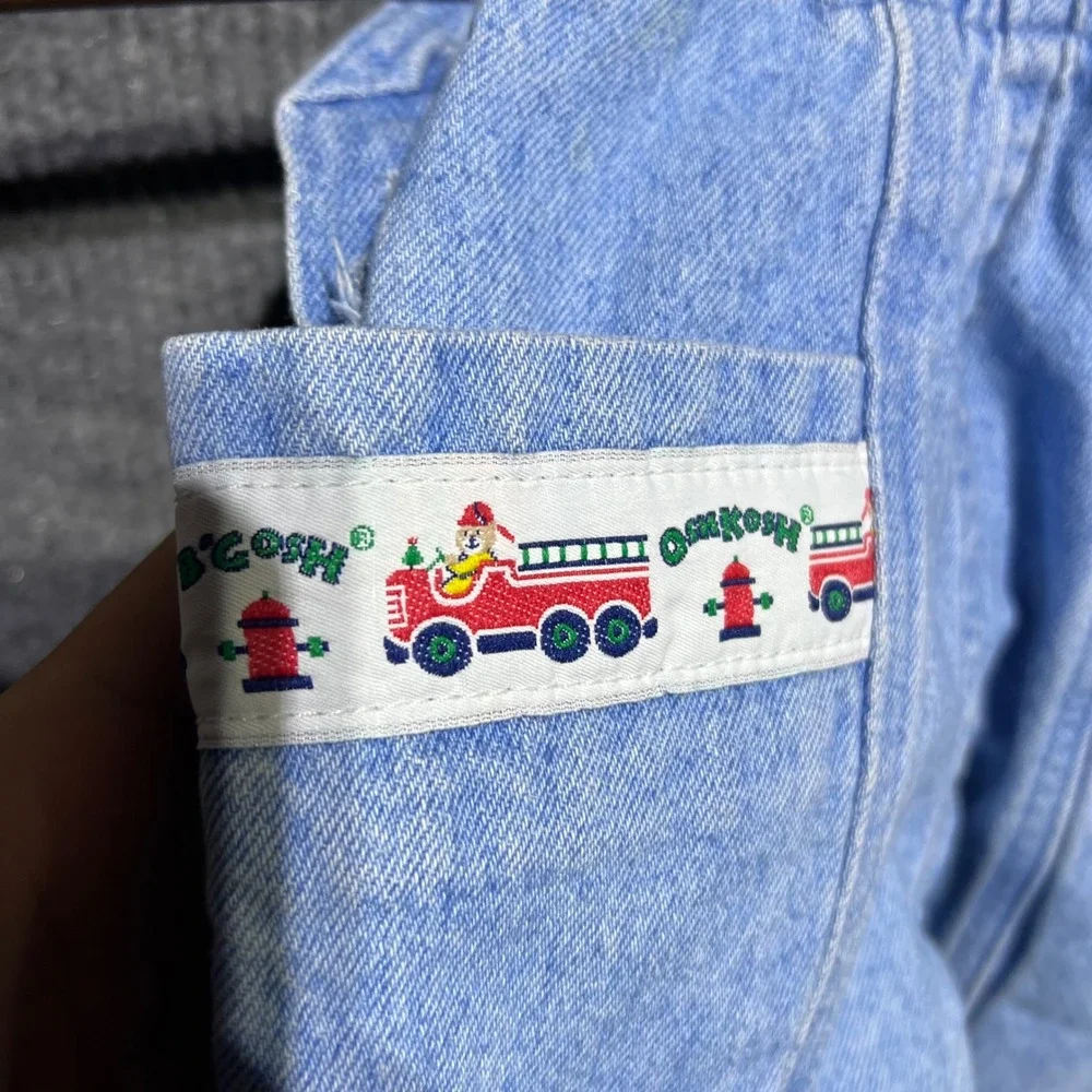 Vintage OshKosh B Gosh Overalls Kids 12-18M Blue Fire Truck Denim Bib USA Made